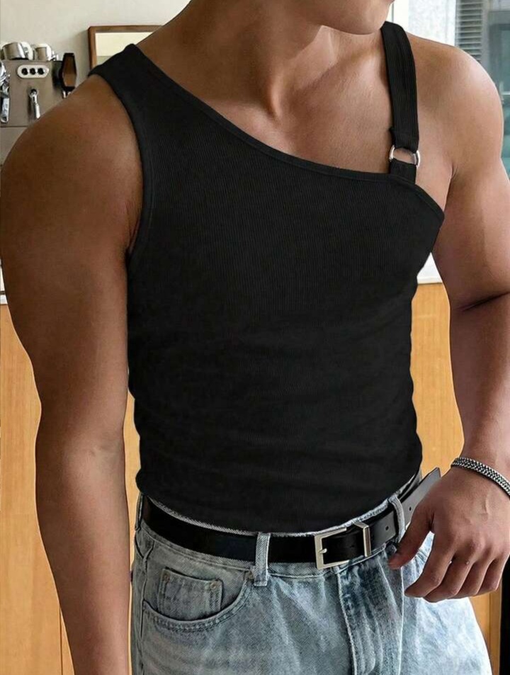 Men's Solid Color Oblique Shoulder Sleeveless Slim Fit Casual Asymmetrical Hollow Out-Tank Top